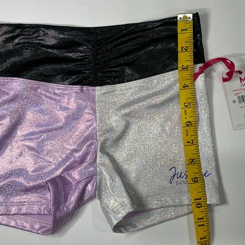 Justice Girls Iridescent Purple Silver Black Foil Dance Gym Shorts Size M 10 New